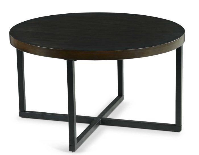 Round Brown Coffee Table with 4 stools Gray Fabric tops